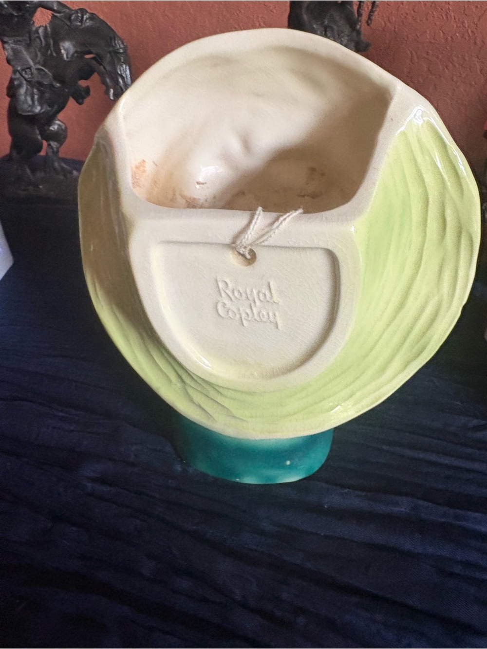Whimsical Ceramic Girl Planter in Green with Yellow Hat and Pink Bow - Picture 3 of 4